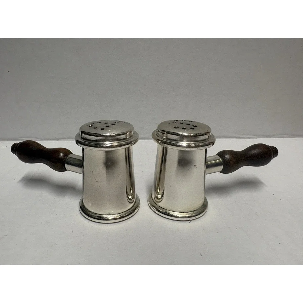 Silver plated Salt & Pepper Shaker‎ Hammer shape small vintage wood handles
